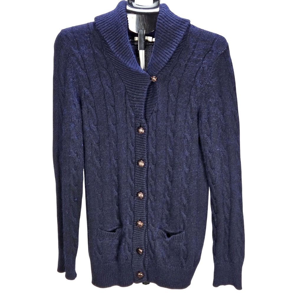 Women's Etiqueta Negra Medium Navy Cable Knit Shawl Collar Cardigan Sweater